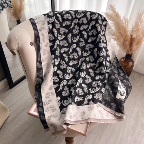 stylesilove Women Black Elegant Feather Print Cashmere Scarf Warm Ultra Soft Fringe Scarves Shawl Neck Wraps for Autumn and Winter