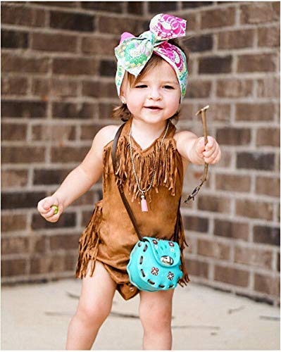 Infant Baby Girl Summer Halter Fringe Suede Brown Sunsuit Romper | Western Style, Adjustable Straps, 0-18 Months