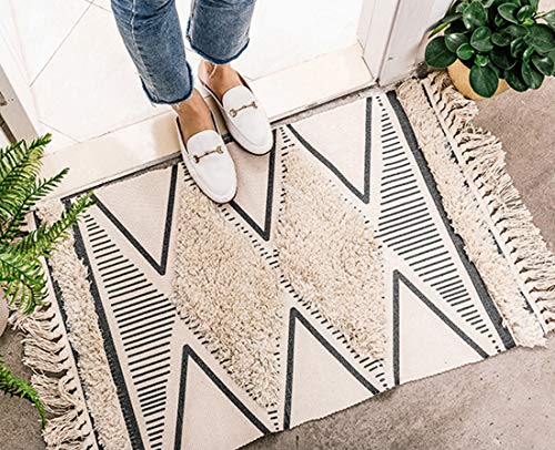 Fennco Styles Ivory Black Chevron Diamond Print Woven Tassel Area Rug - 27" W x 63" L Hand-Tufted Fringe Small Rug for Home Décor, Bedroom, Entryway Mat, Floor Décor