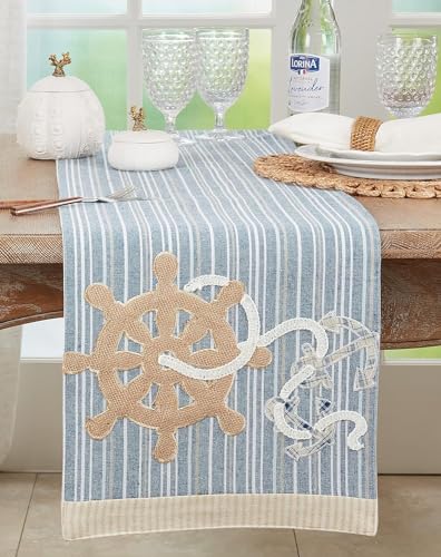 Fennco Styles Navy Blue Helm & Anchor Table Runner 14" W x 72" – Nautical Design Table Runner for Home, Seaside Dining, Beach House, Themed Party Décor and Special Events