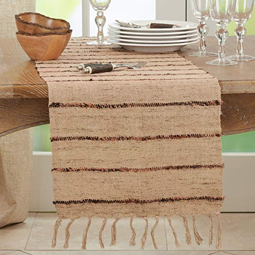 Fennco Styles Homey Striped Cotton Table Runner with Fringe 16" W x 72" L – Natural Table Cover for Home Décor, Dining Table, Banquets, Everyday Use and Special Events