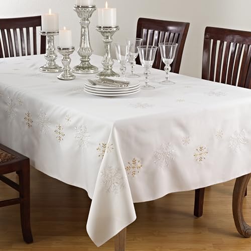 Fennco Styles Embroidered Snowflake Holiday Tablecloth - Silver Elegant Table Cover for Home Décor, Everyday Use, Christmas, Weddings and Special Events