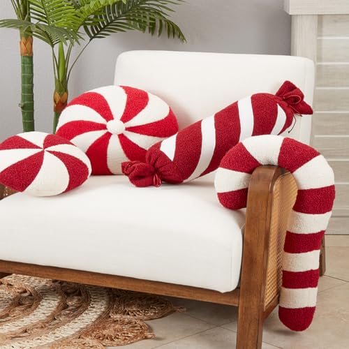 Fennco Styles Festive Candy Cane Shaped Decorative Filled Throw Pillow - Red and White Holiday Accent Pillow for Christmas, Home, Couch, Bedroom, Living Room and Office Decor