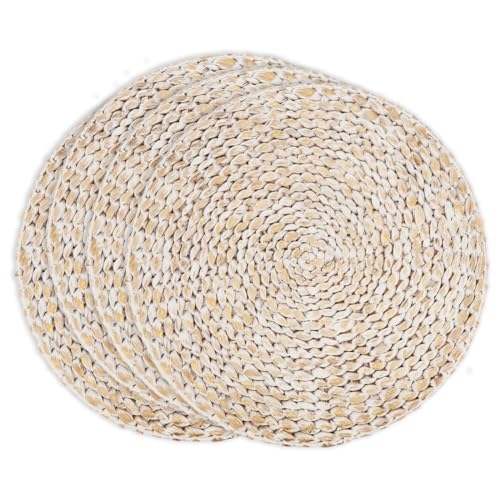 Fennco Styles Foil Print Water Hyacinth Placemats 15" Round, Set of 4 - Silver Metallic Table Mats Heat Resistant Insulation for Home, Boho Décor, Dining Table, Banquets, Special Events