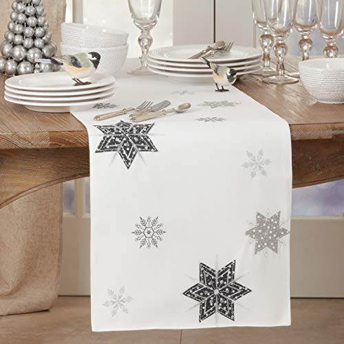 Fennco Styles Holiday Embroidered Snowflake Table Runner 16" W x 70" L - White Festive Table Cover for Home Décor, Banquet, Family Gathering, Christmas and Special Occasion
