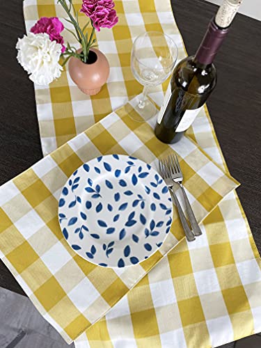 Fennco Styles Classic Buffalo Check Cotton Blend Table Runner 16" W x 36" L - Yellow Holiday Table Cover for Banquets, Christmas, Special Events and Home Décor