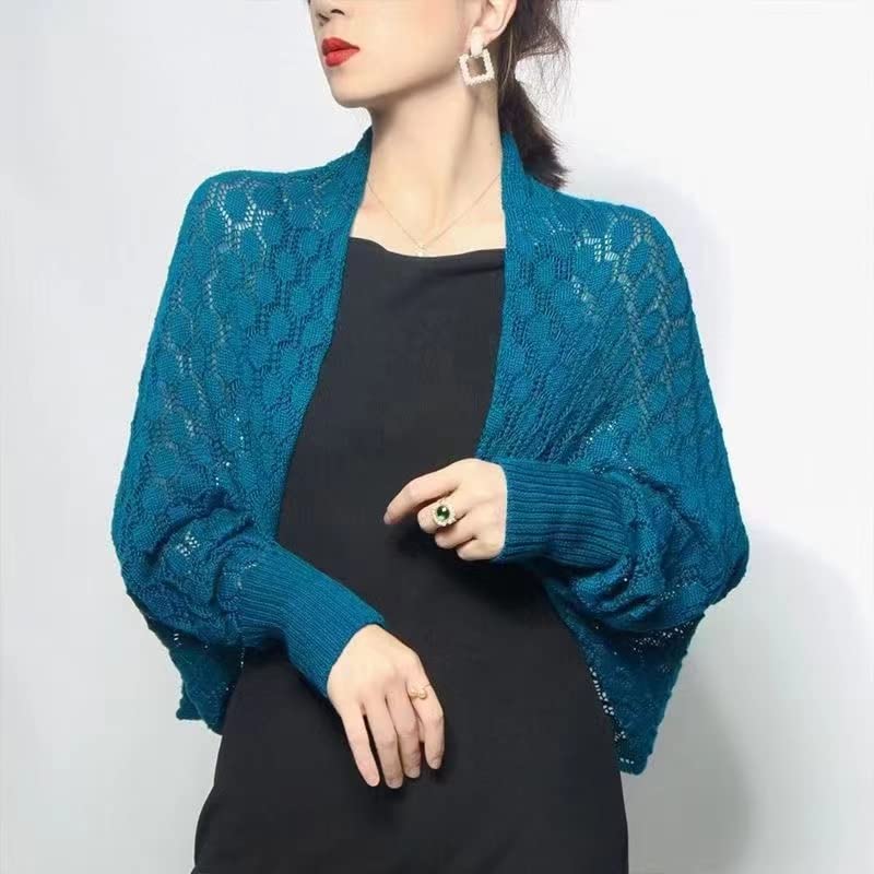stylesilove Women Lightweight Crochet Hollow Bolero Shrug Long Sleeve Cardigan Soft Sweater Open Front Cape Shawl