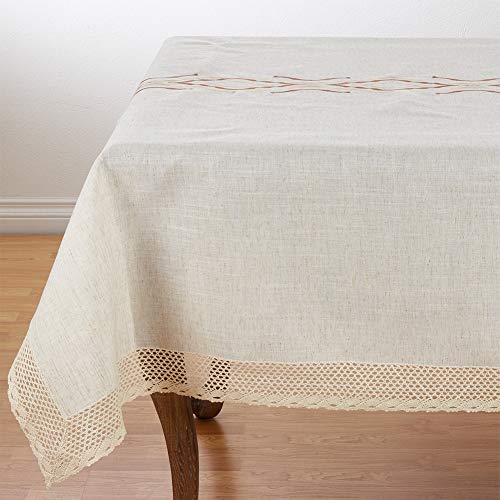 Fennco Styles Abstract Embroidery Lace Trim Table Linen Collection - Natural Table Cover for Home, Dining Room, Banquets, Holiday and Special Event