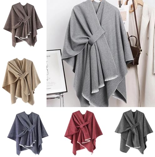 stylesilove Women Elegant Solid Color Fringe Poncho Open Front Shawl Cape Ultra Warm Wrap for Autumn Winter Season