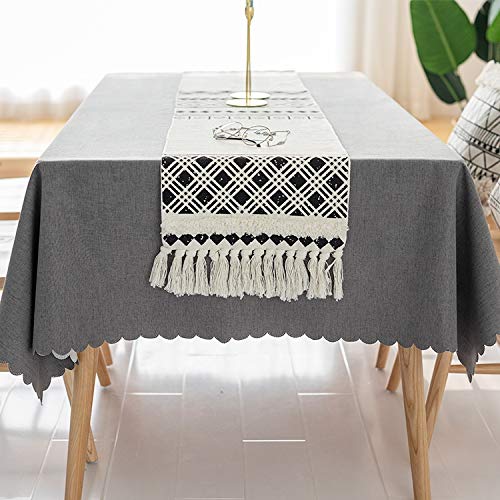 Fennco Styles Boho Farmhouse Woven Fringe Tasseled 14 x 71 Inch Tribal Table Runner – White and Black Table Runner for Everyday Use, Dinner Parties, Special Events and Home Décor