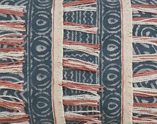 Fennco Styles Bohemian Block Print Embroidered Decorative Fringe Throw Pillow - Blue Cotton Pillow for Home, Couch, Bedroom Décor and Special Occasion