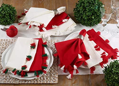 Fennco Styles Holiday Christmas Decorative 100% Cotton Napkins with Tassel - Set of 4 (Red + Red/Green Tassel)