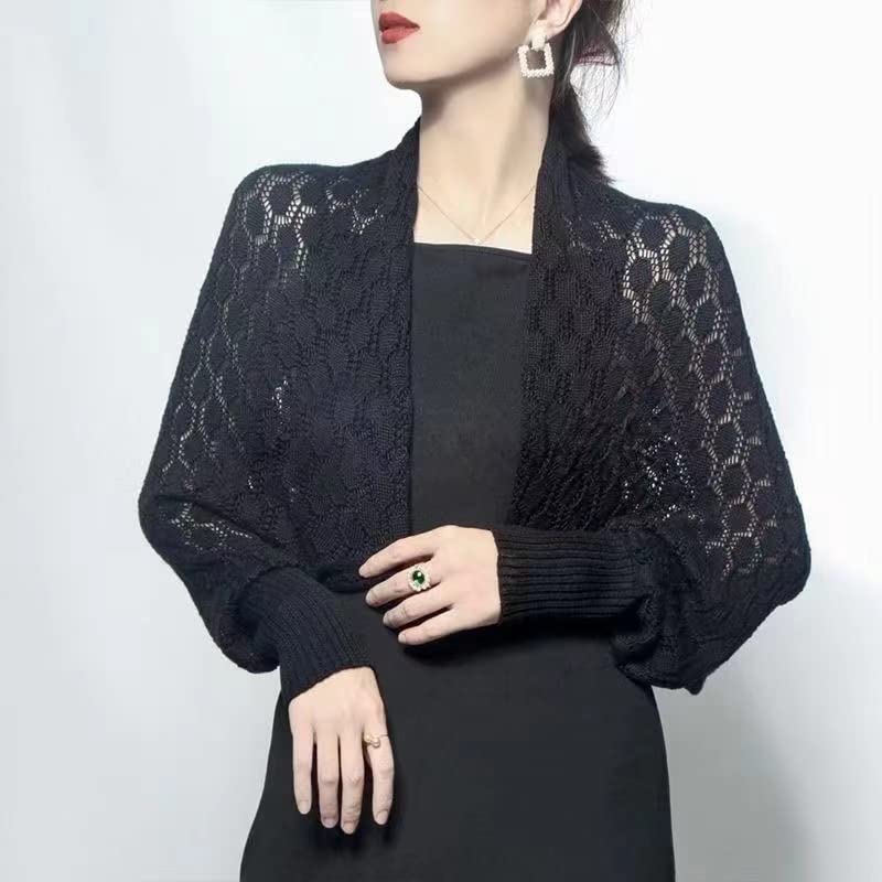 stylesilove Women Lightweight Crochet Hollow Bolero Shrug Long Sleeve Cardigan Soft Sweater Open Front Cape Shawl