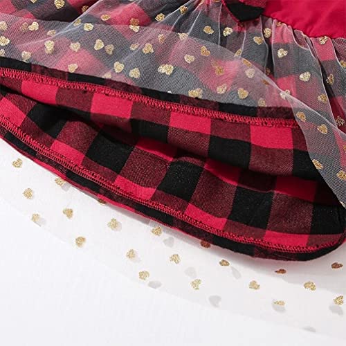 stylesilove Infant Baby Girls Long Sleeve Valentine's Day Glitter Love Heart Tulle Plaid Ruffle Dress & Headband 2pcs Outfit