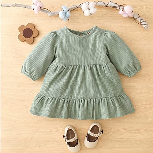 stylesilove Baby Toddler Girls Solid Ruffle Hem Long Puff Sleeve Corduroy Dress Princess Casual Spring Fall Outfit