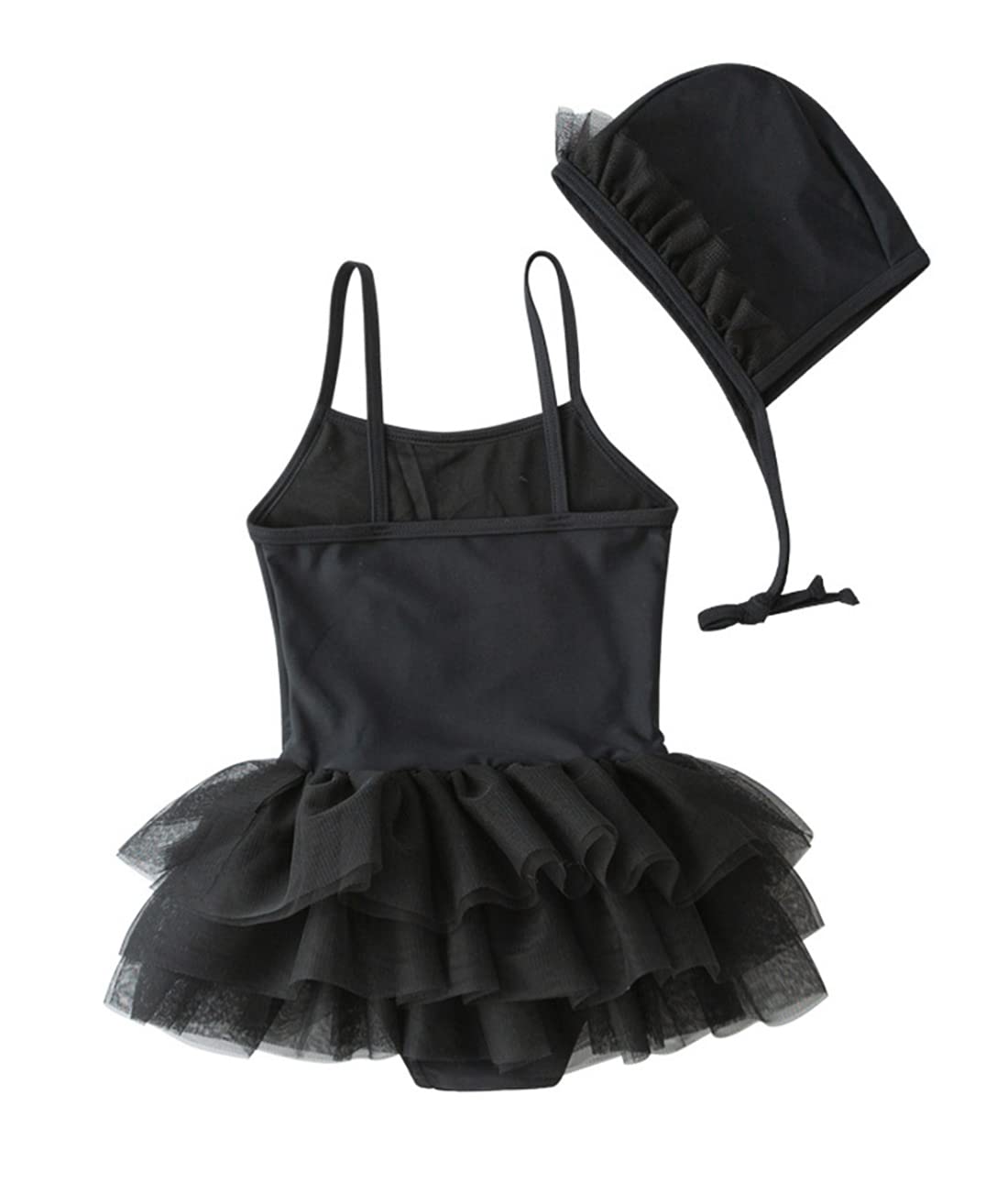 stylesilove Toddler Kid Girls Embroidered Swan Sequin Black One-Piece Tulle Swimsuit & Hat 2pcs Bathing Suit Beach Swimwear