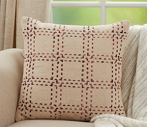 Fennco Styles Stitched Checker Cotton Decorative Throw Pillow 20" W x 20" L - Natural Square Cushion for Home, Couch, Living Room, Bedroom and Office Décor