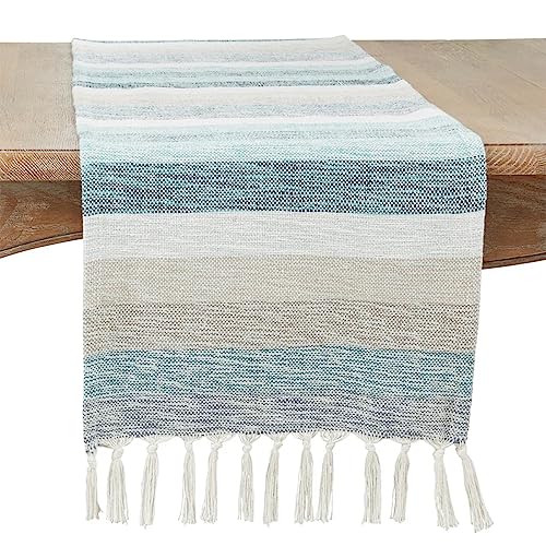 Fennco Styles Summer Striped Fringe Table Runner 16" W x 72" L - Aqua Cotton Blend Table Cover for Home Décor, Dining Table, Banquets, Family Gathering and Special Events
