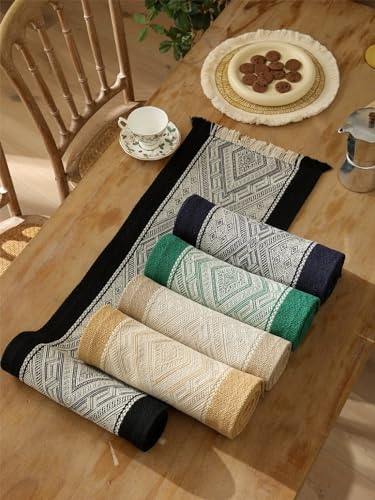 Fennco Styles Diamond Weave Fringe Cotton Blend Table Runner 14" W x 72" L - Beige Geometric Rectangular Table Cover for Boho Décor, Dining Table, Banquets, Family Gatherings