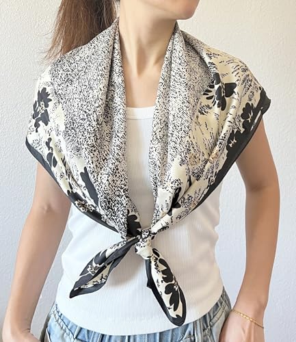 stylesilove Women Floral Print Silk Like Scarf Square Neckerchief Soft Bandana Small Shawl Neck Wraps for All Season