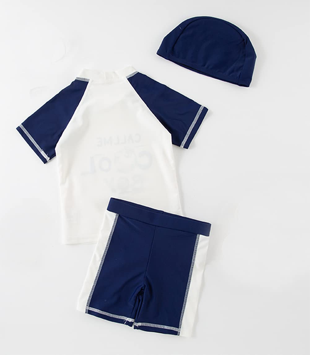 Styles I Love Kid Boys CALL ME COOL BOY Printed Short Sleeve Rash Guard Set and Hat 3pcs White Swimsuit Beach Bathing Suit