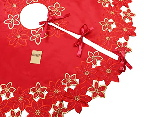 Fennco Styles Embroidered Poinsettia Cutwork Red Christmas Tree Skirt 68 Inch Round for Home, Holiday Decoration and Special Occasion
