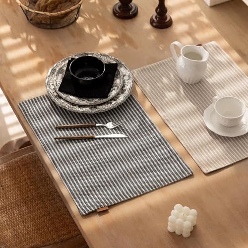 Fennco Styles Striped Two-Side Use Reversible Placemats 13" W X 19" L, Set of 4 - Ivory Woven Table Mats for Home, Dining Table, Banquets, Holidays and Special Occasions