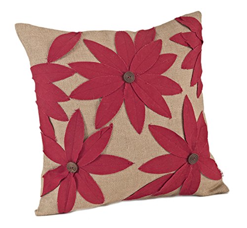 Fennco Styles Poinsettia Holiday Flower Design Cotton Jute Throw Pillow 18"W x 18"L - Natural Cushion for Couch, Living Room, Christmas and Office Decor
