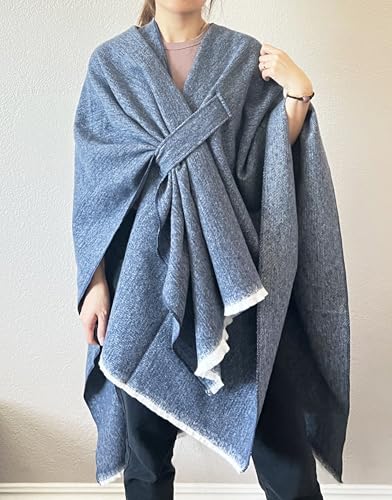stylesilove Women Elegant Solid Color Fringe Poncho Open Front Shawl Cape Ultra Warm Wrap for Autumn Winter Season