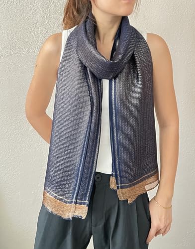 stylesilove Women Shimmering Striped Scarf Silk-like Scarves Ultra Lightweight Soft Shawl Neck Wraps