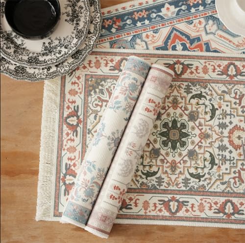 Fennco Styles Antique Turkish Printed with Fringe Placemats 14" W x 19" L, Set of 4 - Brown Oriental Woven Table Mats for Dining Room, Banquets, Family Gatherings, and Holidays
