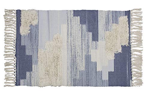 Fennco Styles Ivory Blue Geometric Print Woven Rug Tassel Area Rug for Home Décor, Bedroom, Entryway Mat, Floor Décor