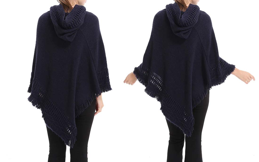 stylesilove Women Solid Knitted Hooded Poncho Crochet Pattern with Fringe Pullover Cardigan Soft Wrap for Fall Winter Seasons