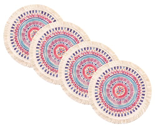 Fennco Styles Mandala Boho Woven Fringe Cotton Placemats 13" Round, Set of 4 - Multicolored Printed Heat Resistant Insulation Table Mats for Home, Kitchen Décor, Dining Table, Banquets, Holidays