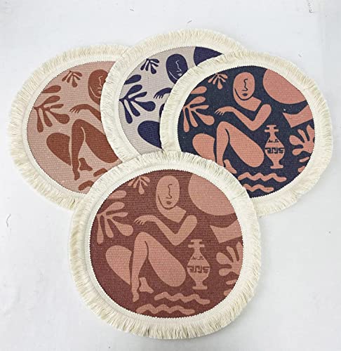 Fennco Styles Art Design Abstract Print Fringe Cotton Placemat 13" Round, Set of 4 - Woven Table Mats for Home Décor, Dining Table, Banquets and Special Events