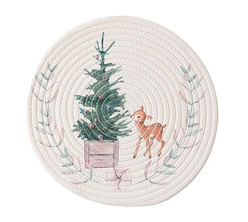 Fennco Styles Rabbit & Botanical Print Cotton Blend Woven Placemats 12" Round, Set of 4 - Cartoon Animal Design White Table Mats for Home Décor, Dining Table, Banquet, Holiday and Family Gathering