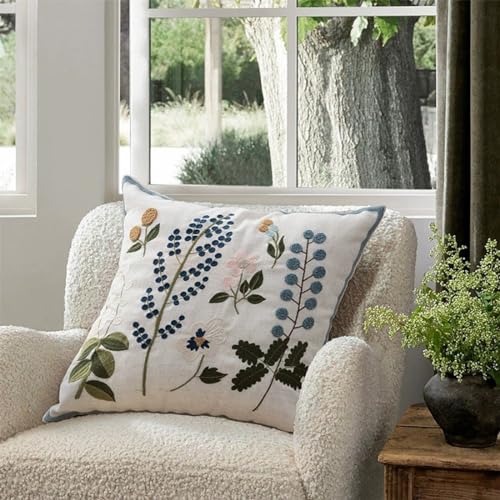 Fennco Styles Embroidered Spring Floral Decorative Throw Pillow Cover 18" W x 18" L - Flower Woven Cushion Case for Home, Couch, Living Room, Bedroom, Office and Holiday Décor