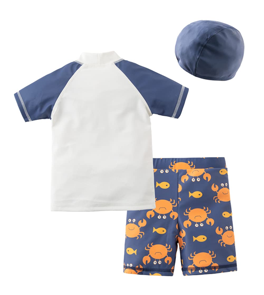 Styles I Love Kid Boys Hello Ocean & Crab Short Sleeve Rash Guard Set and Hat 3pcs White Swimsuit Beach Bathing Suit