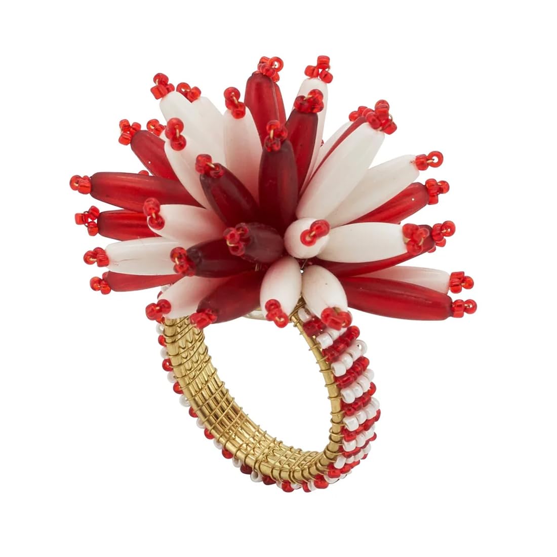 Fennco Styles Hand Beaded Bouquet Holiday Napkin Rings, Set of 4 - Red & White Decorative Napkin Holders for Dining Room, Banquet, Family Gathering, Christmas and Special Occasion