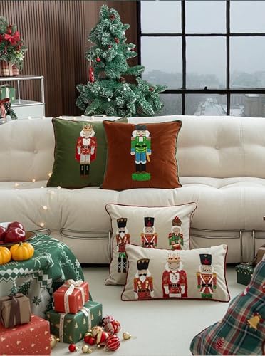 Fennco Styles Embroidered Sequin Nutcracker Velvet Throw Pillow Cover 18" W x 18" L - Green Festive Cushion Case for Home, Christmas, Winter Holidays Décor, and Special Occasions