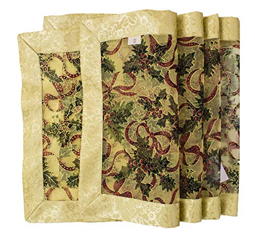 Fennco Styles Holly Ribbon Holiday Christmas Sheer Tablecloth - Gold Satin Border and Tassels Table Cover for Family Dinner, Banquets, Special Events and Home Decor