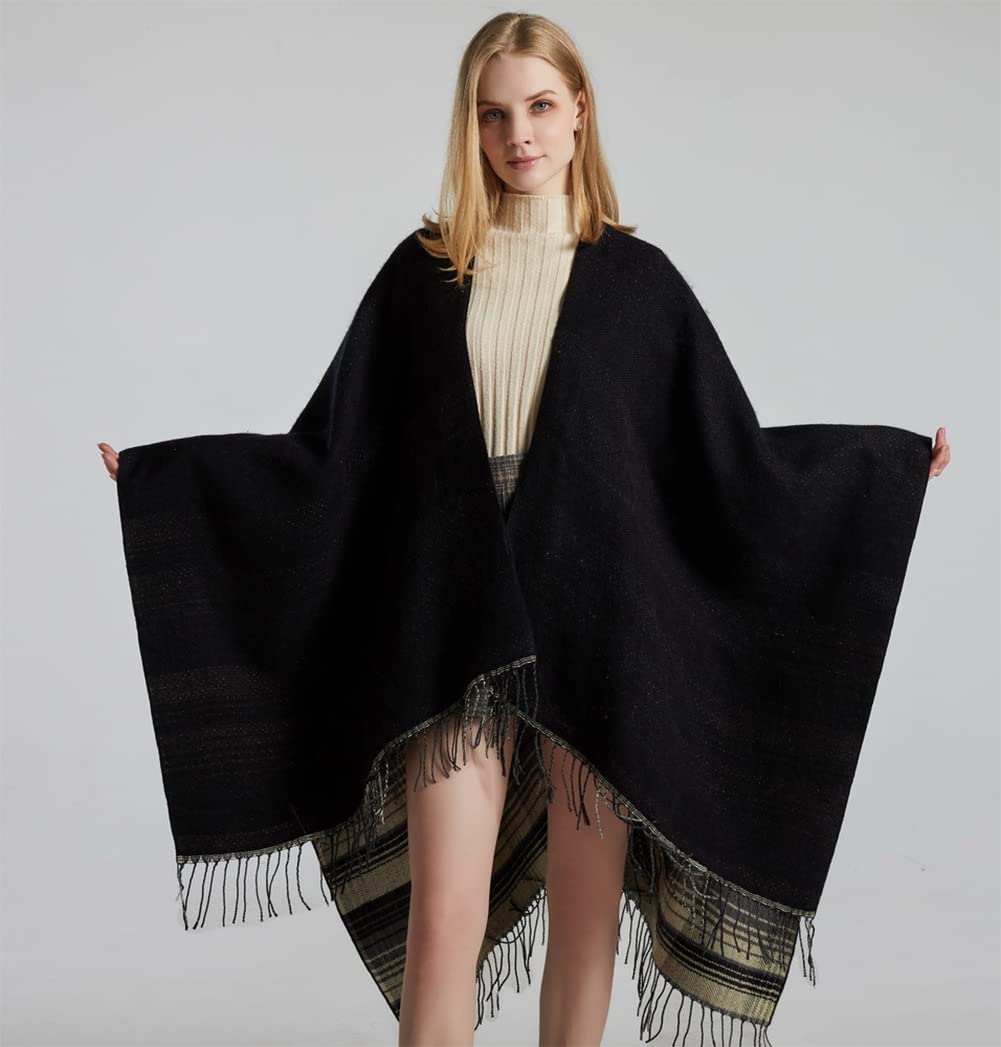 stylesilove Women Reversible Plaid Fringe Knitted Open Front Poncho Cape Oversized Cardigan Fall Winter Wrap Shawl