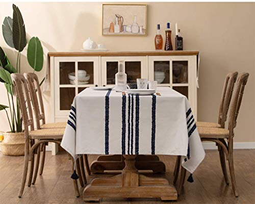 Fennco Styles Classic Chain Print 100% Cotton Tablecloth with Tassel 55" W x 55" L - Navy Blue Table Cover for Home Décor, Dining Table, Banquet, Family Gathering and Special Occasion