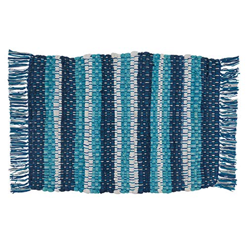 Fennco Styles Coastal Style Tasseled Striped Chindi 100% Cotton Table Runner 16 x 72 Inch – Blue Table Cover for Home Décor, Beach House, Dining Table, Banquets and Special Events