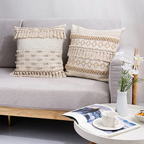 Fennco Styles Handwoven Diamond Tassel Decorative Throw Pillow Cover 18" W x 18" L - Natural Textured Boho Cushion Case for Home, Couch, Living Room, Bedroom and Office Décor