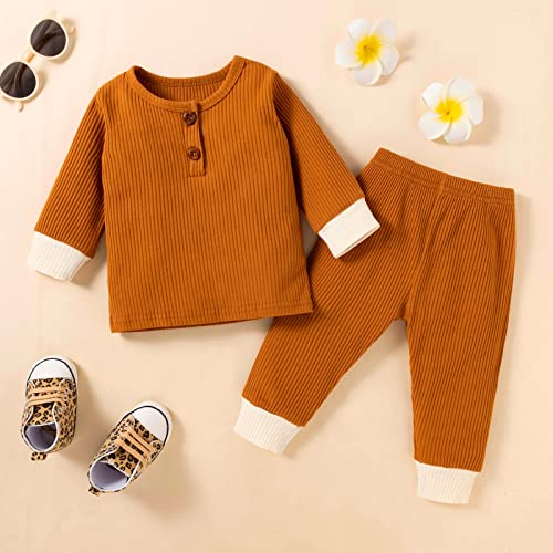 stylesilove Baby Boys Girls Solid Long Sleeve Henley Top & Pants 2pcs Set Unisex Toddler Ribbed Cotton Outfit