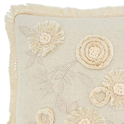 Fennco Styles Delicate Flower Fringe Applique Cotton Decorative Throw Pillow Cover & Insert 18 x 18 Inch - Ivory Accent Pillow for Home, Couch, Living Room and Everyday Décor