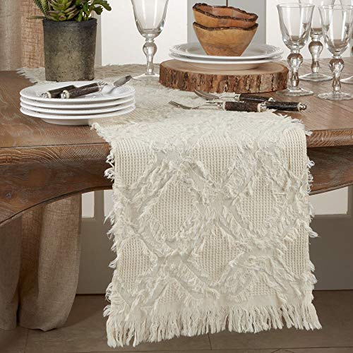 Fennco Styles Waffle Weave Modern Cotton Rectangular Table Runner with Fringe – 16”W x 72”L Table Cover for Home Décor, Dining Table, Banquets, Holidays and Special Occasions