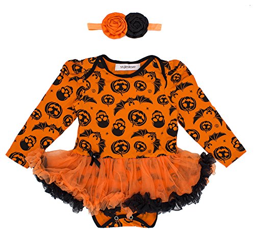 stylesilove Infant Baby Girls Pumpkin Long Sleeve Cotton Romper Tutu Dress and Headband 2pcs Fall Spooky Outfit