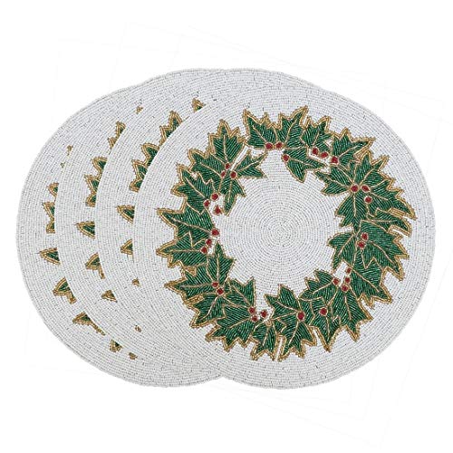 Fennco Style Hand Beaded Holly Holiday Placemat 15" Round, 1-Piece - Green & White Table Mat for Banquets, Christmas, Special Events and Home Décor